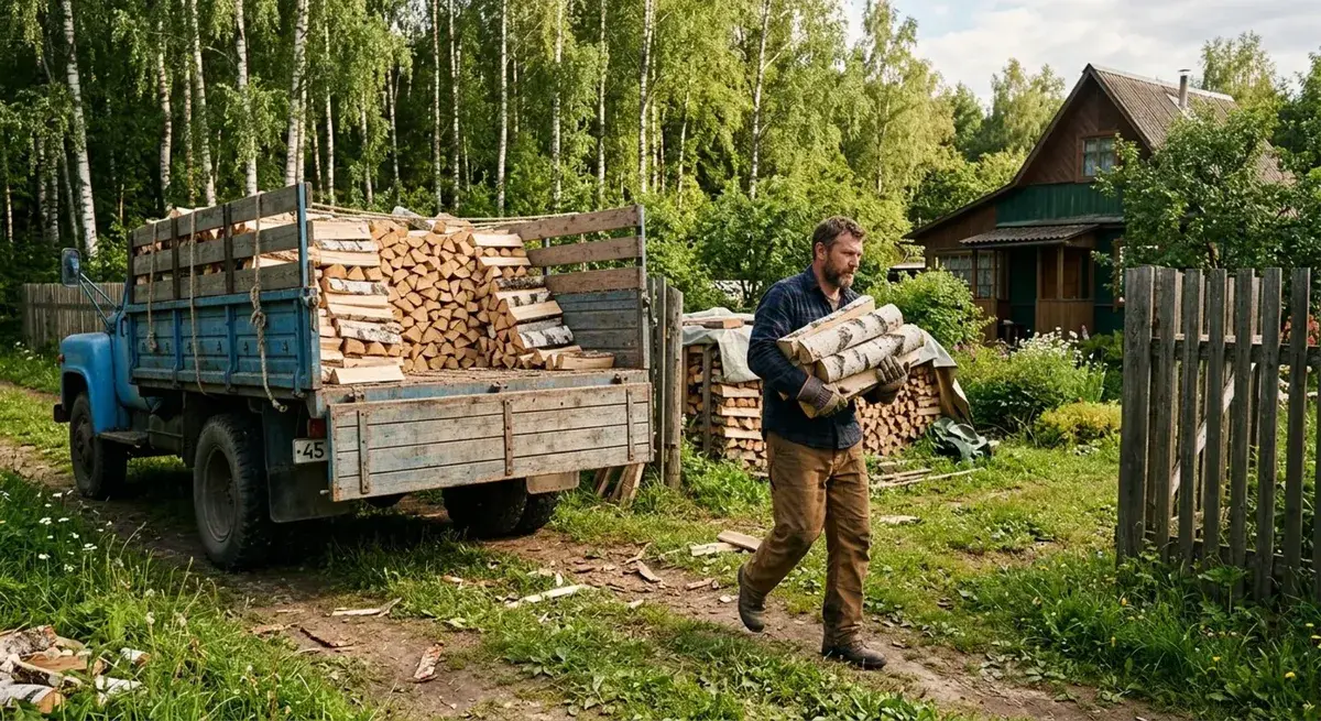 Доставка дров — машина с загрузкой на загородной дороге